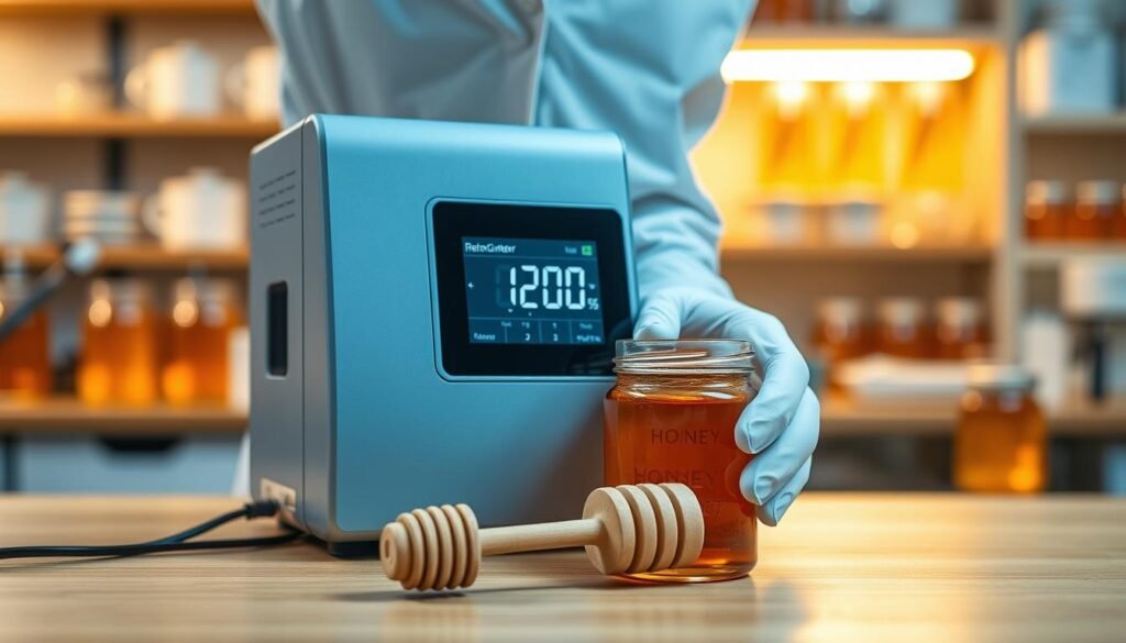 A close-up view of a digital refractometer displaying a honey moisture content reading, positioned on a wooden laboratory table. The refractometer is sleek and modern, with a clear LCD screen showing precise numerical values. In the foreground, a honey jar with a honey dipper rests next to the device, glistening under soft, warm lighting that highlights the rich amber color of the honey. In the middle, a pair of professional hands, clad in white lab gloves, delicately adjust the refractometer settings. The background softly blurs into a cozy, well-lit laboratory environment, with shelves lined with beekeeping equipment and honey jars. The atmosphere is focused and serene, evoking a sense of scientific exploration and precision.