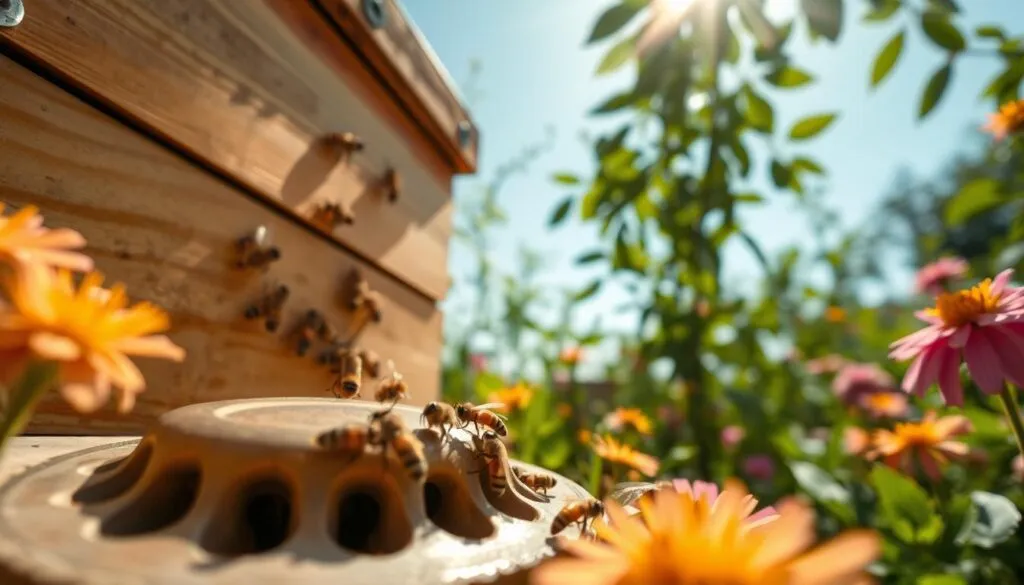 A close-up view of a feeder placement hive in a vibrant garden setting, showcasing bees actively engaging with a well-designed feeder filled with sugar syrup. In the foreground, the feeder is detailed with small openings, surrounded by blooming flowers that attract bees. The middle layer features the hive itself, painted in earthy tones with visible wooden textures, showcasing bees entering and exiting. In the background, a clear blue sky and soft sun rays filter through leaves, creating a warm and inviting atmosphere. The overall mood reflects harmony in nature, emphasizing the importance of the hive and feeder in a thriving ecosystem. The perspective is slightly angled to capture depth, with the lighting highlighting the bees and feeder. A close-up view of a feeder placement hive in a vibrant garden setting, showcasing bees actively engaging with a well-designed feeder filled with sugar syrup. In the foreground, the feeder is detailed with small openings, surrounded by blooming flowers that attract bees. The middle layer features the hive itself, painted in earthy tones with visible wooden textures, showcasing bees entering and exiting. In the background, a clear blue sky and soft sun rays filter through leaves, creating a warm and inviting atmosphere. The overall mood reflects harmony in nature, emphasizing the importance of the hive and feeder in a thriving ecosystem. The perspective is slightly angled to capture depth, with the lighting highlighting the bees and feeder.