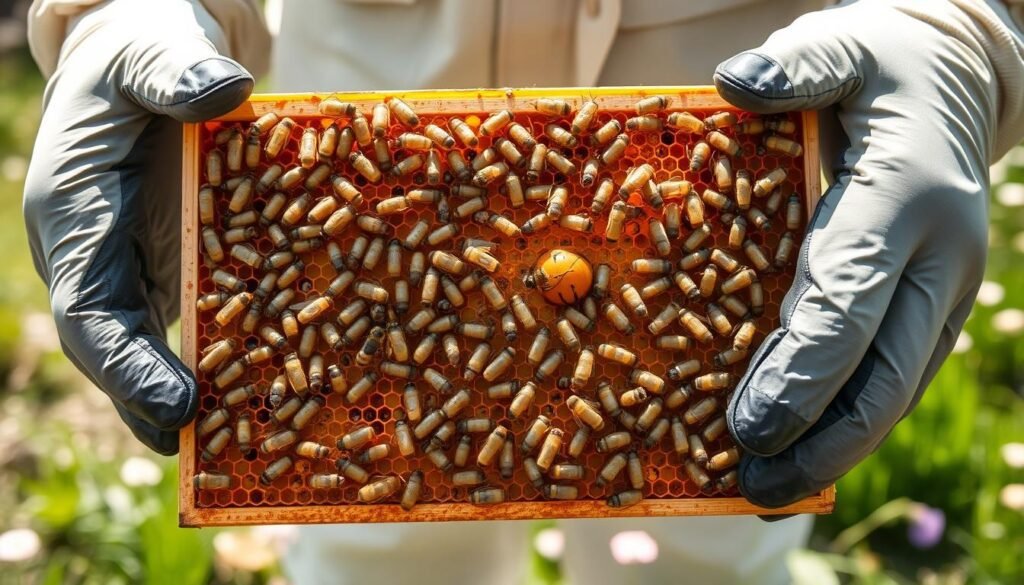 A close-up view of a healthy bee brood frame, showcasing wax cells filled with developing bee larvae and pupae, glistening under soft, warm sunlight. The frame is held by a pair of hands dressed in protective beekeeping gloves, emphasizing the careful management of the brood. In the background, a tranquil apiary setting with green grass and blooming flowers hints at a natural habitat. The focus is sharp on the brood while the background is softly blurred, creating a sense of depth. The lighting is natural and inviting, casting gentle shadows that highlight the intricate details of the larvae. The overall mood conveys a sense of care and expertise in advanced swarm control techniques.