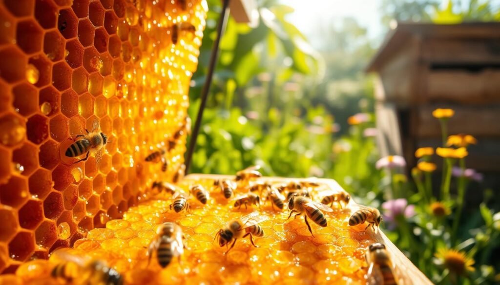A close-up view of a hexagonal honeycomb section filled with golden, glistening honey, capturing the intricate details of the beeswax and droplets of honey reflecting light. In the foreground, several bees are diligently working, showcasing their delicate wings and fuzzy bodies, indicating a busy hive. The middle ground features a wooden hive with rustic textures, surrounded by vibrant green vegetation and wildflowers, hinting at a natural ecosystem. In the background, soft sunlight filters through leaves, casting gentle shadows and creating a warm, inviting atmosphere. The image is bright and vibrant, evoking a sense of harmony in nature, with slight bokeh effect to emphasize the honeycomb and bees, using a shallow depth of field.