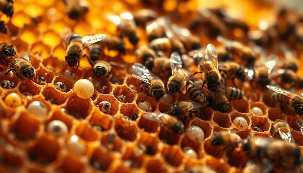 A close-up view of a honeybee brood cell, intricately detailed, showcasing a range of diseases that affect the brood. In the foreground, highlight individual cells with varying conditions: some showing healthy larvae and others with discoloration or signs of disease like chalkbrood or foulbrood. The middle ground features a cluster of bees inspecting the affected cells, with a focus on their busy activity, emphasizing the urgency of the situation. In the background, a blurred hive interior creates an immersive atmosphere, filled with soft golden and earthy tones reflecting a natural setting. The lighting should be warm and natural, simulating afternoon sunlight filtering through the hive. This composition emphasizes the struggle and delicate balance within a bee colony, creating a serious yet poignant mood.