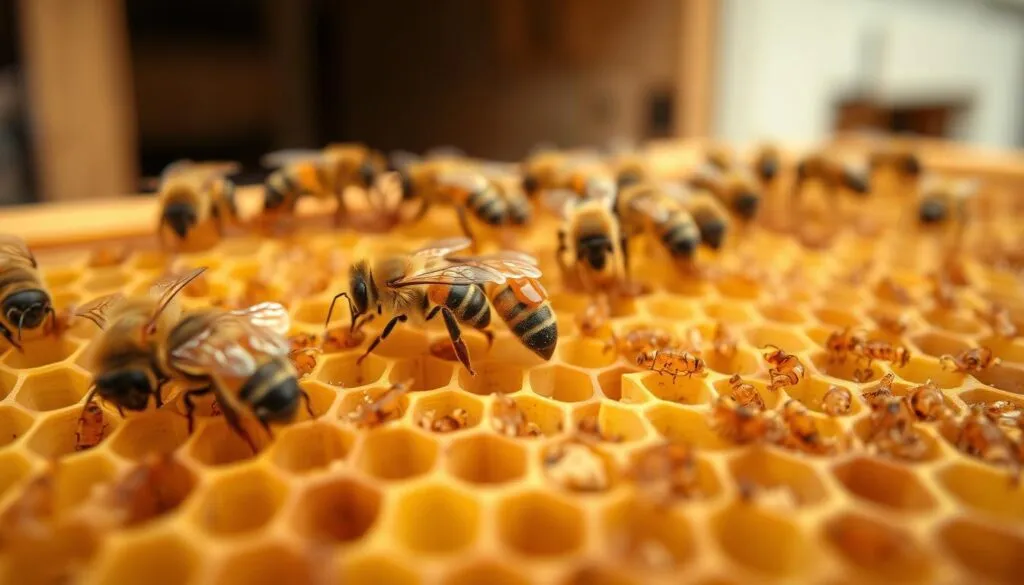 A close-up view of a honeybee frame showcasing varroa mites on several bees