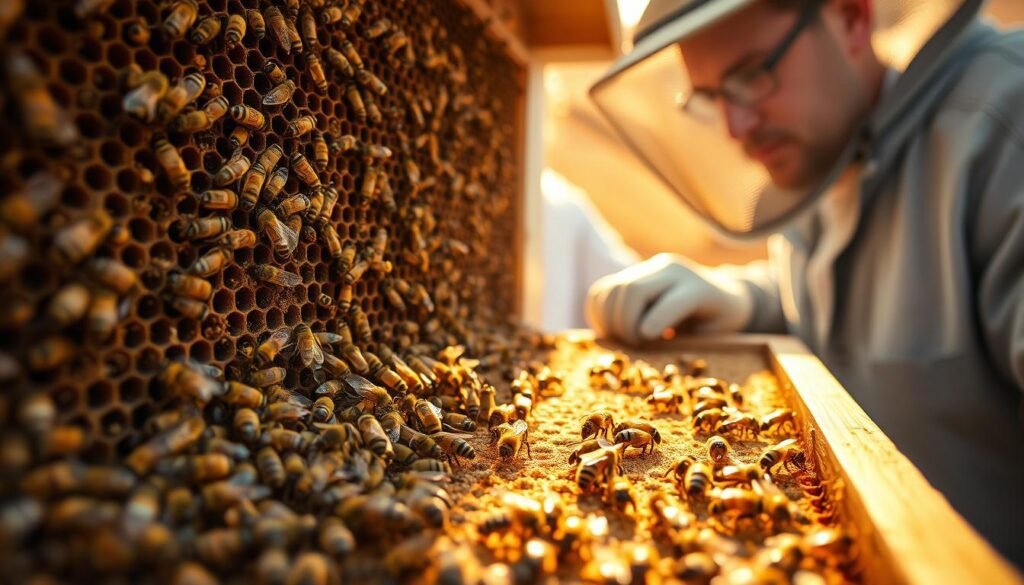 A close-up view of a honeybee hive during an inspection, focusing on frames filled with swarm cells in various stages of development. In the foreground, well-defined frames are showcased, showing capped and open swarm cells surrounded by vibrant, busy bees. The middle ground features a beekeeper in professional attire, carefully examining the frames with a look of concentration, illuminated by soft, natural lighting filtering through the hive. The background depicts the warm sunlight glinting off the hive exterior, emphasizing its wooden texture and natural environment. The overall mood is informative and peaceful, reflecting the dedicated atmosphere of a thorough inspection, enhancing the understanding of overcrowding signs in a hive.