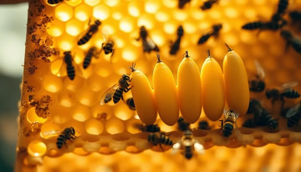 A close-up view of a honeybee hive frame showcasing several prominent queen cells, elegantly suspended within the wax