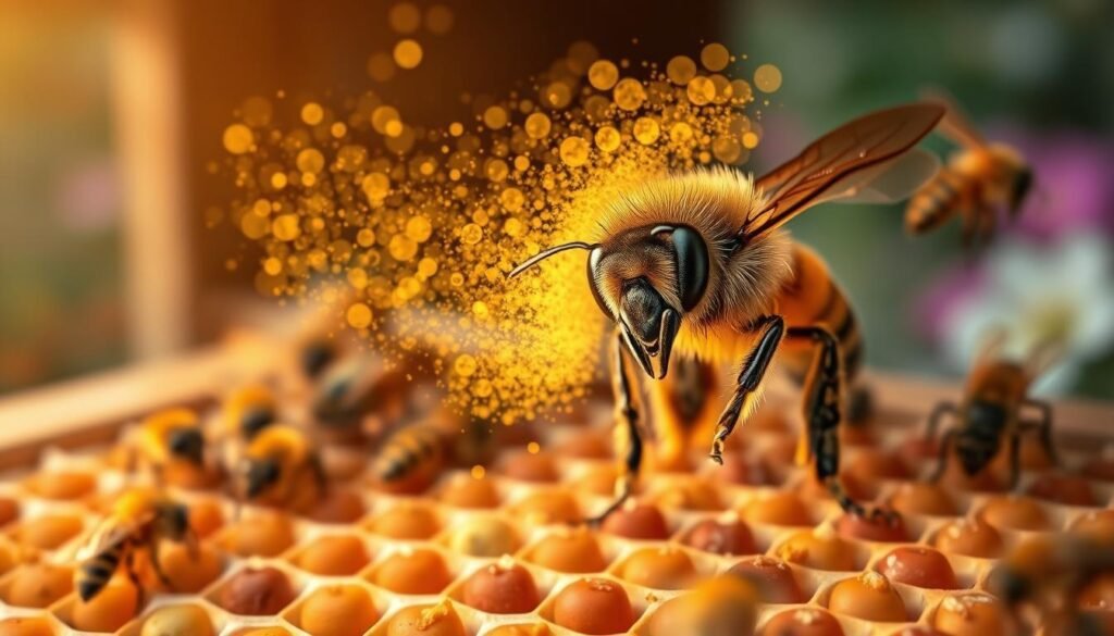 A close-up view of a honeybee releasing alarm pheromones, depicted as a translucent, swirling cloud of faintly glowing particles in vibrant shades of yellow and orange, creating a striking visual effect. In the foreground, a focused bee with detailed features stands on a honeycomb within an active hive, surrounded by other bees reacting to the alarm. The middle ground shows the hive structure with the intricate patterns of the honeycomb and several bees displaying heightened activity, their wings blurred to convey motion. The background features a soft, blurred garden setting with hints of flowers and greenery, symbolizing a natural habitat. The lighting is warm and natural, mimicking golden hour sunlight, enhancing the overall atmosphere of urgency and alertness within the colony.