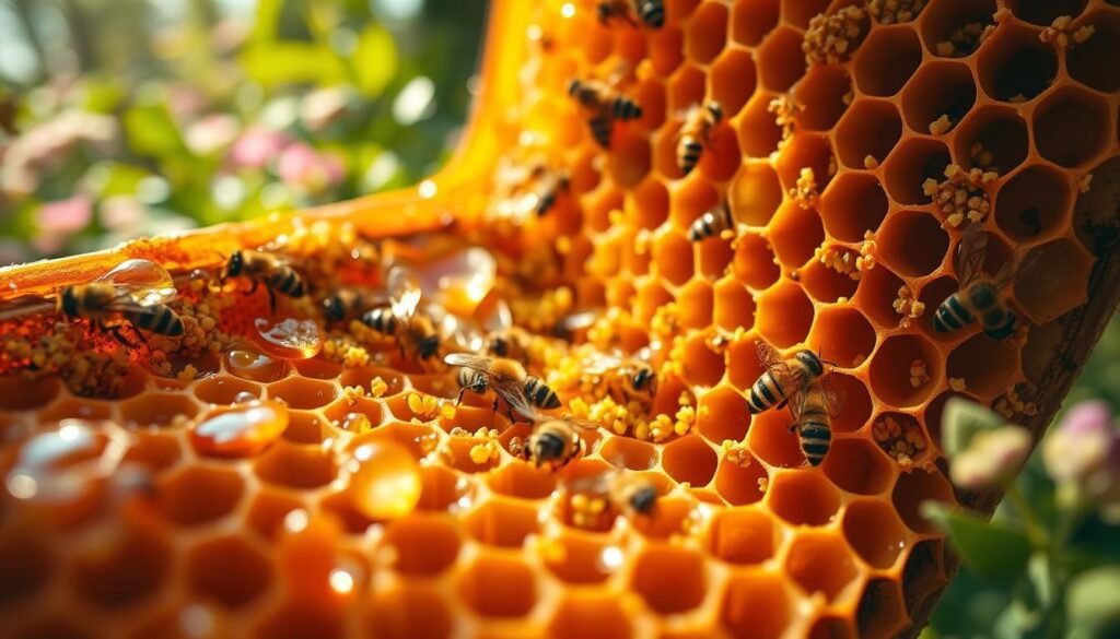 A close-up view of a honeycomb frame filled with vibrant nectar, honey, and pollen. In the foreground, glistening droplets of nectar catch the light, creating a warm, golden hue. The honeycomb structure showcases hexagonal cells filled with rich, amber honey and colorful grains of pollen, evoking the busy life of bees. In the middle ground, a few bees can be seen diligently working, their fuzzy bodies dusted with pollen, representing their vital role in the hive’s ecosystem. The background softly blurs into a natural setting with hints of green foliage and blooming flowers, suggesting a thriving environment. The lighting is warm and inviting, mimicking the sunlight filtering through the trees, creating a serene and tranquil atmosphere perfect for illustrating the delicate balance of food and space in a beehive.