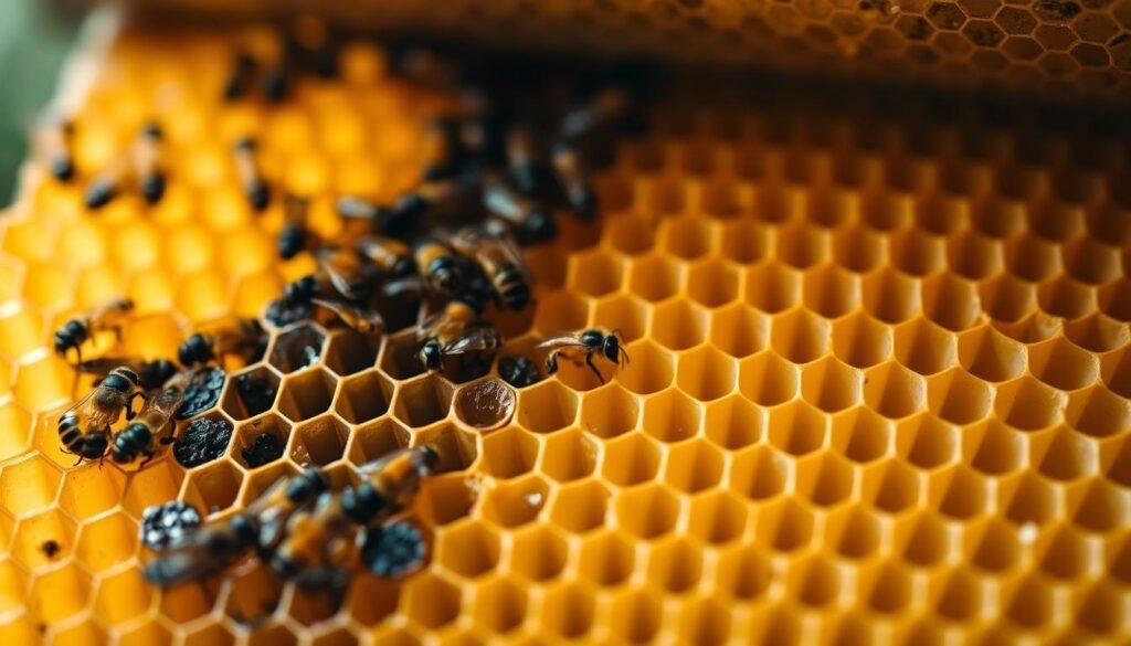 A close-up view of a honeycomb frame inside a beehive, showcasing the delicate hexagonal cells filled with golden honey and capped brood. The foreground features a well-preserved honeycomb with signs of small hive beetle (SHB) damage, including darkened, irregular patches where the comb is discolored and compromised. In the middle ground, a slight scattering of tiny beetles can be seen, illustrating their presence. The background is gently blurred, depicting the interior of the hive with a warm, soft glow highlighting the intricate details of the comb. The atmosphere is informative yet serene, illuminated by natural soft lighting, evoking a sense of observation and study in a beekeeping environment.