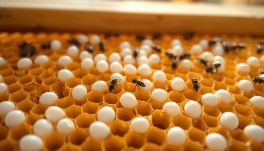 A close-up view of a honeycomb section filled with queen brood eggs, showcasing their oval white shapes nestled within the hexagonal cells. The foreground captures the intricate texture of the wax cells and the delicate, translucent eggs, emphasizing their importance in the hive. In the middle ground, soft silhouettes of worker bees can be seen tending to the cells, creating a sense of activity and life. The background features natural wooden hive frames, slightly blurred to draw focus to the brood. The lighting is warm and natural, simulating sunlight filtering through the hive, illustrating a healthy beekeeping environment. The atmosphere is peaceful and informative, highlighting the critical stage of bee reproduction without any text or identifiers, perfect for educational purposes. A close-up view of a honeycomb section filled with queen brood eggs, showcasing their oval white shapes nestled within the hexagonal cells. The foreground captures the intricate texture of the wax cells and the delicate, translucent eggs, emphasizing their importance in the hive. In the middle ground, soft silhouettes of worker bees can be seen tending to the cells, creating a sense of activity and life. The background features natural wooden hive frames, slightly blurred to draw focus to the brood. The lighting is warm and natural, simulating sunlight filtering through the hive, illustrating a healthy beekeeping environment. The atmosphere is peaceful and informative, highlighting the critical stage of bee reproduction without any text or identifiers, perfect for educational purposes.