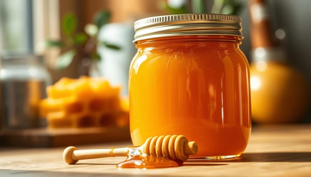 A close-up view of a jar of golden honey, placed on a wooden kitchen counter. The jar has a classic, rounded shape with a tightly sealed metal lid, showcasing the thick, viscous texture of the honey inside, glistening under soft, warm natural light. In the foreground, a small honey dipper is resting next to the jar, with a few drops of honey cascading from it, hinting at freshness. The middle ground includes a blurred background of honeycomb and a potted plant to evoke a homely atmosphere. The overall mood is inviting and warm, emphasizing the importance of careful air management in honey preservation. The image is sharply focused, with soft bokeh effects to highlight the jar and honey dipper.
