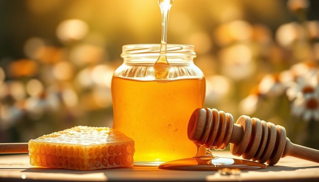 A close-up view of a jar of pure honey, glistening under warm, natural sunlight, creating a golden, amber hue. The jar is elegantly shaped, showcasing the honey's thick consistency, with a slice of honeycomb perched nearby, revealing its textured surface. In the background, a blurred out field of wildflowers adds a touch of nature, symbolizing the source of the honey. A wooden honey dipper rests next to the jar, streaming honey back into it in a soft, spiraling motion. The atmosphere is warm and inviting, evoking a sense of purity and health. The image should be captured with a shallow depth of field, achieving a soft bokeh effect in the background, emphasizing the jar and honeycomb in sharp focus. A close-up view of a jar of pure honey, glistening under warm, natural sunlight, creating a golden, amber hue. The jar is elegantly shaped, showcasing the honey's thick consistency, with a slice of honeycomb perched nearby, revealing its textured surface. In the background, a blurred out field of wildflowers adds a touch of nature, symbolizing the source of the honey. A wooden honey dipper rests next to the jar, streaming honey back into it in a soft, spiraling motion. The atmosphere is warm and inviting, evoking a sense of purity and health. The image should be captured with a shallow depth of field, achieving a soft bokeh effect in the background, emphasizing the jar and honeycomb in sharp focus.