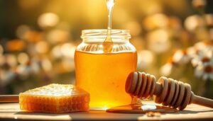 A close-up view of a jar of pure honey, glistening under warm, natural sunlight, creating a golden, amber hue