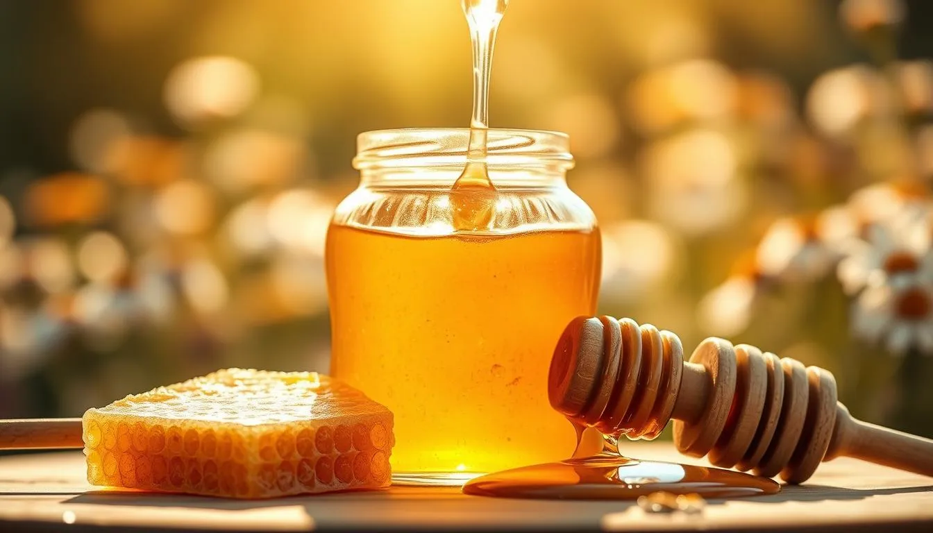 A close-up view of a jar of pure honey, glistening under warm, natural sunlight, creating a golden, amber hue