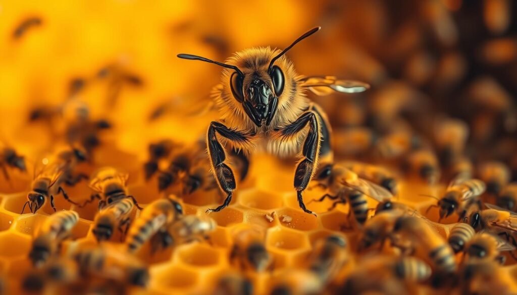 A close-up view of a majestic queen bee poised on a honeycomb, showcasing her distinctive features with a shiny, elongated body and a crown-like appearance. Surrounding her are worker bees in warm golden hues, illustrating their diligent activity in the hive. The foreground captures intricate details of the honeycomb cells filled with honey and pollen. In the middle ground, blurred bees in a dynamic swirl signify movement and teamwork. A soft, golden light filters through the hive, creating a warm and inviting atmosphere, while the background remains slightly out of focus, hinting at the richness of the hive environment. The image conveys a sense of harmony and leadership as the queen stands central, embodying the essence of unity within the bee community.