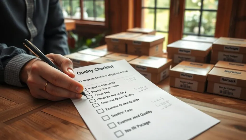 A close-up view of a quality checklist on arrival, prominently displayed on a wooden table. The checklist features clear, concise bullet points, such as "Inspect Hive Connectivity," "Check Bee Activity," and "Examine Queen Quality." In the foreground, a pair of professional hands in modest business attire is holding a pen, ready to tick the boxes. The middle ground showcases a well-organized setup with bee packages and nuc boxes, each labeled, surrounded by soft natural light filtering through a nearby window. In the background, an outdoor scene reveals a lush garden, hinting at the beekeeping environment. The atmosphere is calm and focused, conveying diligence and care, with a warm yet professional tone. The angle captures the checklist prominently, inviting the viewer to engage with the details. A close-up view of a quality checklist on arrival, prominently displayed on a wooden table