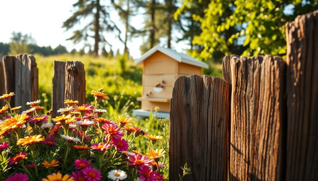A close-up view of a rustic wooden fence surrounding a beehive, with detailed textures of the weathered wood highlighted in warm afternoon sunlight. In the foreground, show vibrant flower gardens blooming with various colors, attracting bees. The middle section contains a classic beehive, painted in soft yellows and whites, with bees buzzing around it. In the background, lush greenery and tall trees create a serene countryside atmosphere. The composition is shot from a low angle to emphasize the height of the fence and the hive, capturing the essence of a peaceful, harmonious coexistence between nature and human habitation. The mood is calm and inviting, conveying safety and community awareness.