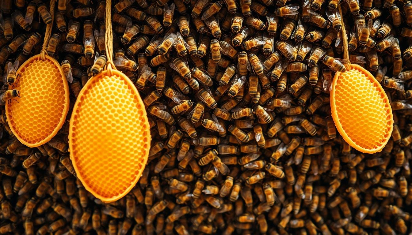 A cluster of honey bees around their queen, the kind of grouping a Taranov board sorts out from a shaken colony