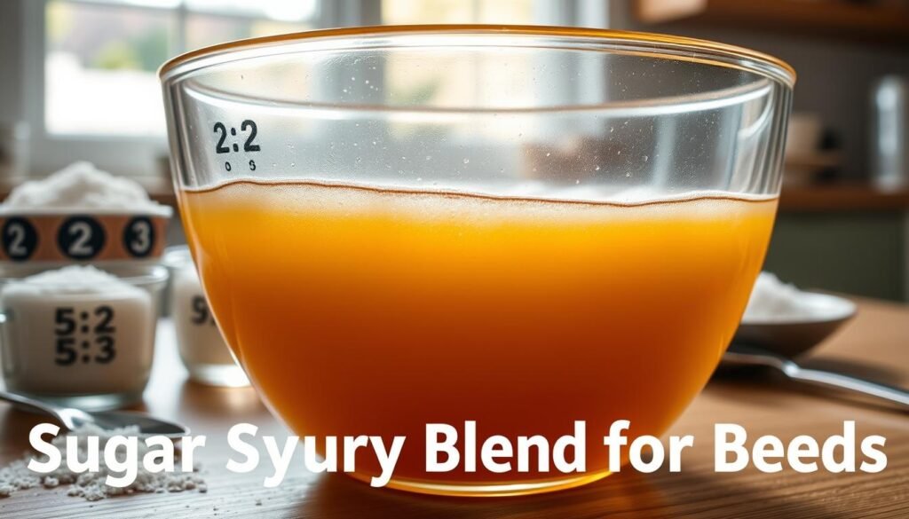 A close-up view of a thick sugar water mixture in a clear glass bowl, showcasing its viscous texture with a glossy sheen reflecting light. In the foreground, the syrup stands out with rich golden hues, capturing the attention of viewers. Surrounding the bowl, there are small measuring cups filled with different sugar types, hinting at various mixing ratios like 2:1 and 5:3, with spoons resting beside them. The background is softly blurred, suggesting a bright kitchen setting with natural light streaming in, creating a warm and inviting atmosphere. The overall mood is educational and inviting, perfect for illustrating the science behind sugar syrup blends for bees.