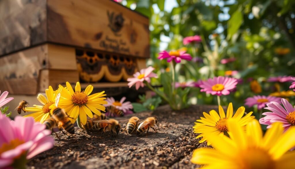 A close-up view of a thriving beehive surrounded by vibrant flowers in full bloom, illustrating key indicators of nectar flow, such as bees busy collecting nectar, and signs of stress from pollen scarcity evident on the hive. In the foreground, bees are shown with their legs laden with pollen. In the middle, an array of colorful flowers provides a striking contrast, showcasing a diverse ecosystem. The background features a scenic garden with soft, diffused sunlight filtering through leaves, creating a warm, inviting atmosphere. The shot is taken at a slight upward angle, emphasizing the bees' activity and the vibrancy of the flowers. The mood is industrious yet serene, illustrating the delicate balance of nature and the alarming signs of nectar dearth.