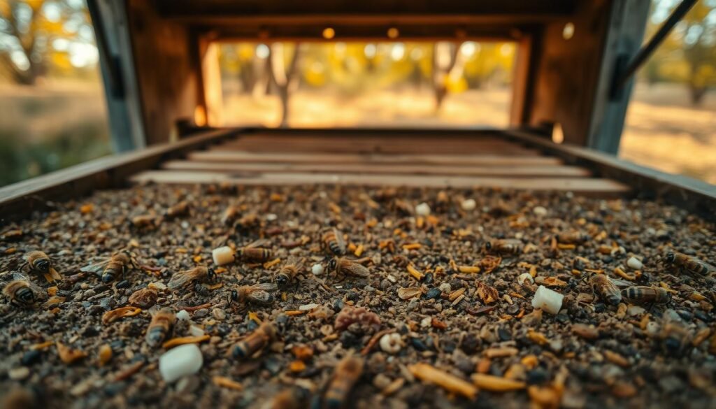 A close-up view of a varroa tray placed under a beehive, featuring scattered debris and natural remnants like fallen bee parts, pollen, and sugar. In the foreground, focus on the detailed textures of the tray, capturing the grime and small organisms that indicate bee health. The middle ground should include a wooden bottom board of a hive, slightly weathered, hinting at the passage of time and the changing seasons. In the background, softly blurred images of a rustic apiary under a golden autumn light provide context. The atmosphere should feel analytical yet organic, with warm sunlight filtering through nearby trees, creating subtle shadows. Aim for a macro perspective with shallow depth of field to draw attention to the tray's intricate details.