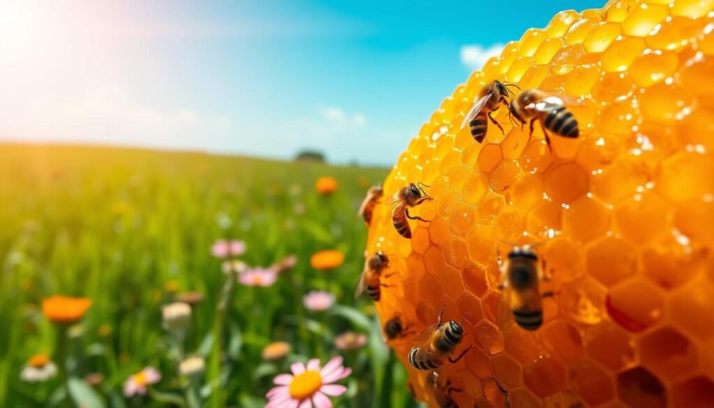 A close-up view of a vibrant honeycomb filled with glistening golden honey, set against a backdrop of lush green fields under a clear blue sky. In the foreground, a few bees are seen industriously working, collecting nectar, their fuzzy bodies detailed with intricate stripes and soft hairs. The middle ground features blooming wildflowers in various hues, adding to the scene's lively atmosphere. Sunlight bathes the entire image, casting gentle highlights that accentuate the honey's texture and the bees' wings, creating a warm and inviting mood. The angle captures a slight upward tilt, suggesting a sense of abundance and productivity, further emphasizing the economic significance of beekeeping.