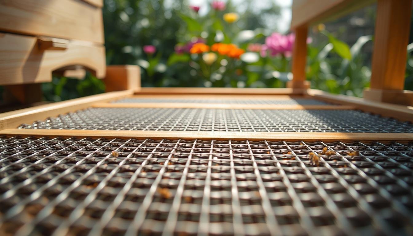 A mesh hive floor setup, illustrating where a Bee Gym device is typically installed near the hive entrance so dislodged mites fall through and out of the colony