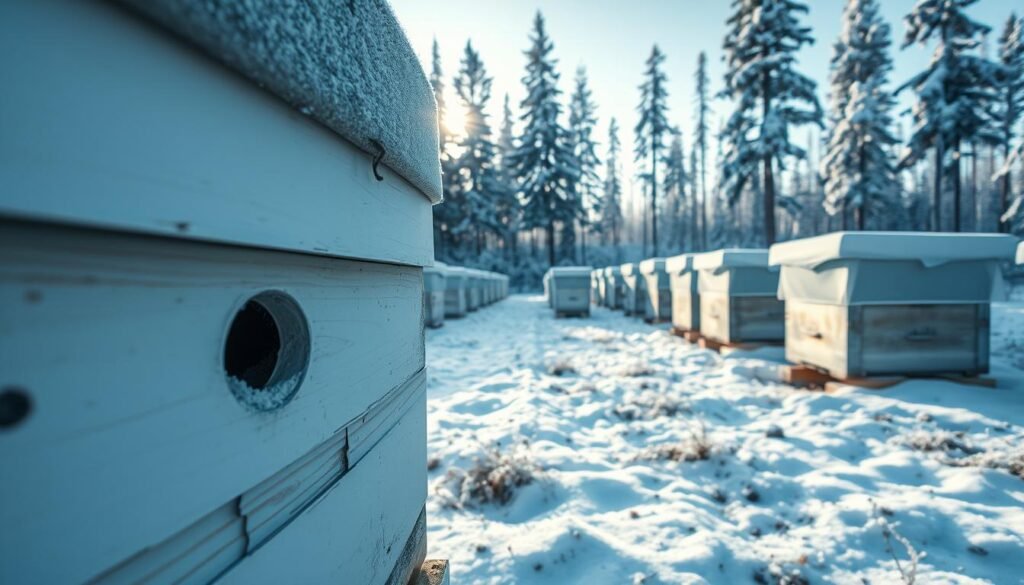 A close-up view of a well-ventilated beehive in a northern winter landscape, showcasing effective moisture control techniques. In the foreground, highlight the entrance of the beehive, designed with ventilation holes, allowing warm air to escape while preventing condensation buildup. The middle ground features rows of beehives covered with protective tarps, surrounded by a light dusting of snow that reflects the soft, diffused winter sunlight. In the background, tall, frost-covered trees create a serene atmosphere, emphasizing the cold climate. The image should convey a sense of calm and resilience, with cool blue and white tones dominating the scene. Use a slightly elevated angle to capture depth and context, ensuring clarity of details in both the beehives and their winter environment.