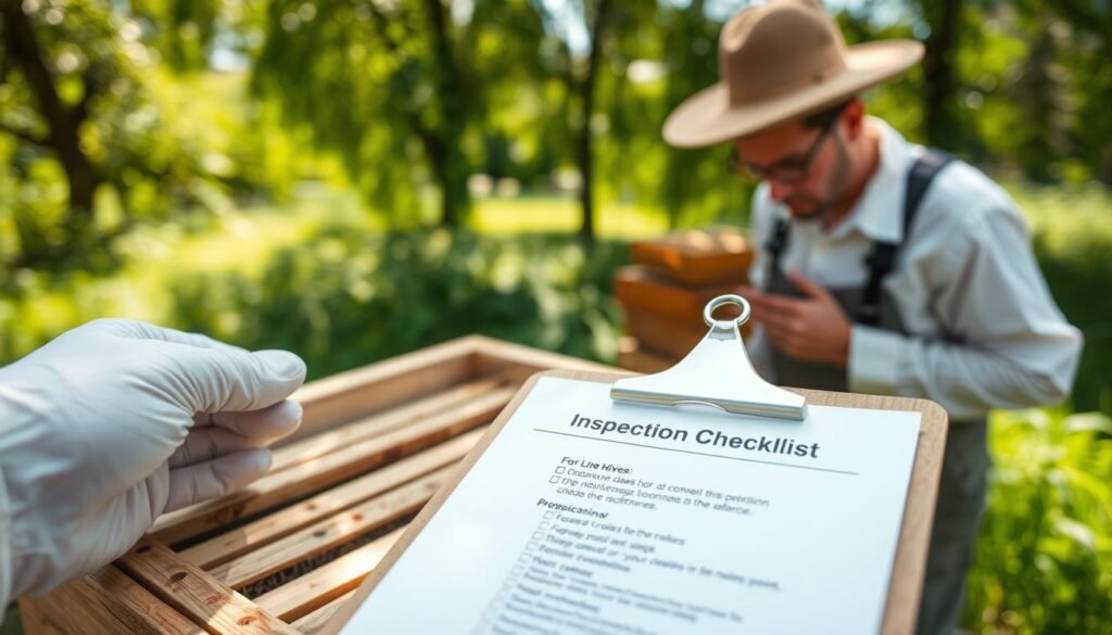 A close-up view of a wooden beehive during a detailed inspection process, with an open lid revealing rows of honeycombs inside. In the foreground, a clipboard with an inspection checklist titled "Inspection Checklist for Live Hives," facing directly towards the viewer, is held by a hand wearing a white protective glove. The middle ground features an expert beekeeper in professional attire, examining the hive closely with a contemplative expression. The background is a lush green garden, suggesting a sunny day, with soft, dappled sunlight filtering through the trees, creating a warm and inviting atmosphere. Use a shallow depth of field to keep the focus on the checklist and beekeeper, while blurring the background slightly.