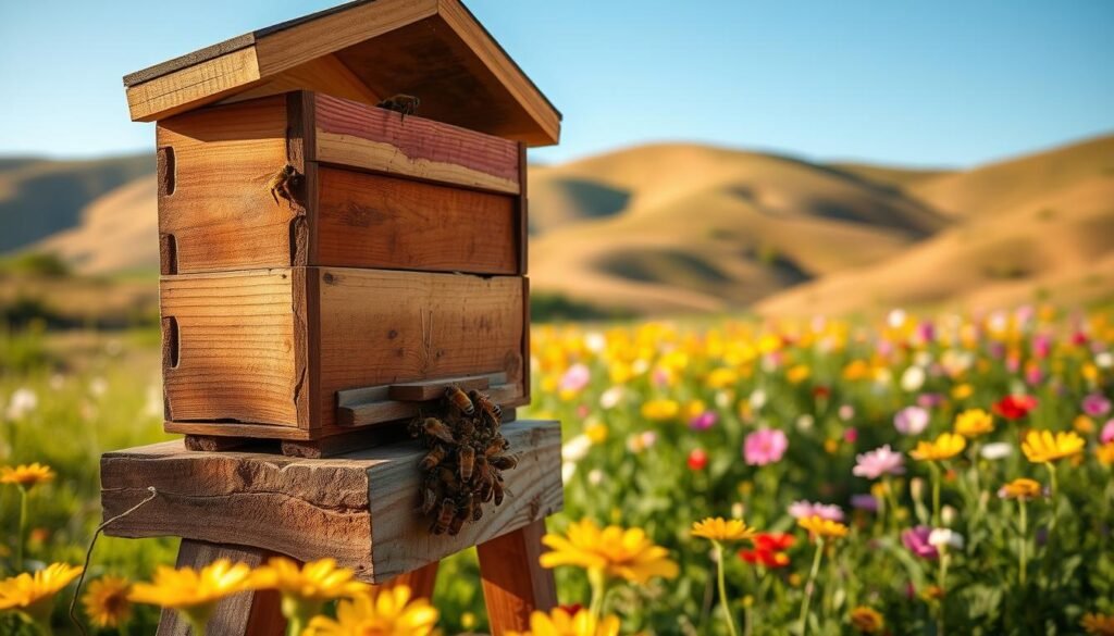 A close-up view of a wooden beehive, showcasing its intricate design and structure. In the foreground, individual honeybees are bustling around the hive entrance, collecting pollen. The beehive sits on a rustic stand in a vibrant garden filled with colorful flowers in the midground, creating a lively environment. In the background, gentle rolling hills and a clear blue sky fill the scene, providing a tranquil atmosphere. The lighting is warm and golden, simulating late afternoon sunlight that casts soft shadows and highlights the textures of the hive and bees. The overall mood is harmonious and informative, capturing the essence of beekeeping while dispelling myths about hive management.