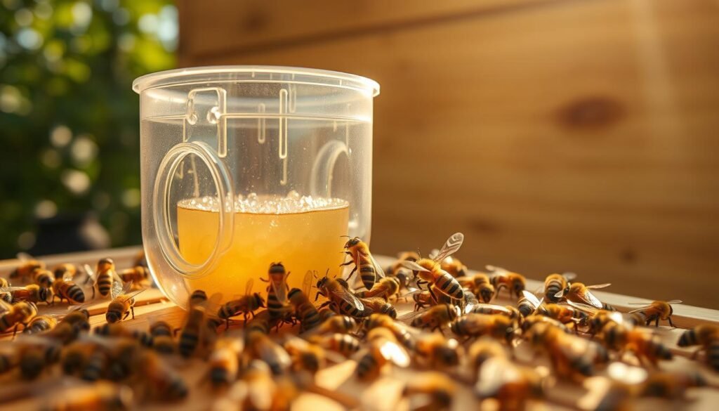 A close-up view of an in-hive feeder, designed for bees, intricately detailed, showcasing an intricate mechanism for dispensing sugar water without causing robbing. The feeder is surrounded by lively honeybees actively feeding, with golden honey glistening on their bodies. In the foreground, focus on the feeder itself, made of transparent plastic, allowing the viewer to see the liquid inside. In the middle ground, capture bees clustering around the feeder's holes, some taking off or landing. The background features a softly blurred beehive with natural wooden textures, bathed in warm sunlight filtering through foliage, creating a tranquil atmosphere. Use soft, diffused lighting to enhance the scene's peaceful mood, emphasizing the harmony between the feeder and the bees.
