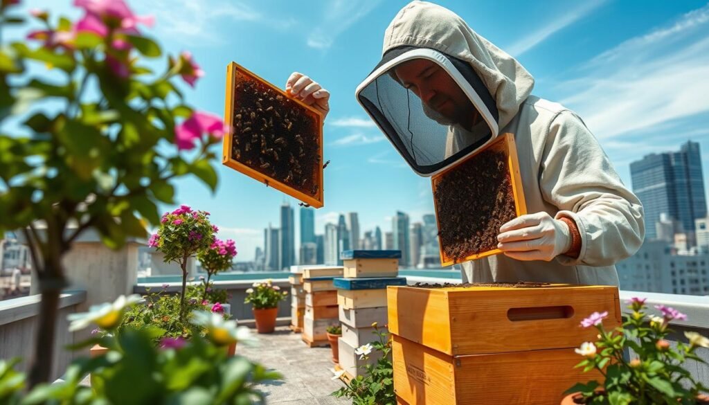 A close-up view of an urban beekeeper tending to a small, well-organized rooftop apiary, surrounded by flowering plants in pots. The beekeeper, dressed in modest casual clothing and a protective veil, gently inspects a vibrant honeybee frame with bees actively working. In the middle ground, various small hives are stacked neatly, showcasing the efficient use of limited space. In the background, a sunny city skyline with blue skies and a few wispy clouds creates a warm, inviting atmosphere. Soft, natural lighting casts gentle shadows, highlighting the detail of the bees and flowers. The mood is serene and productive, reflecting the harmonious blend of urban living and sustainable beekeeping practices.
