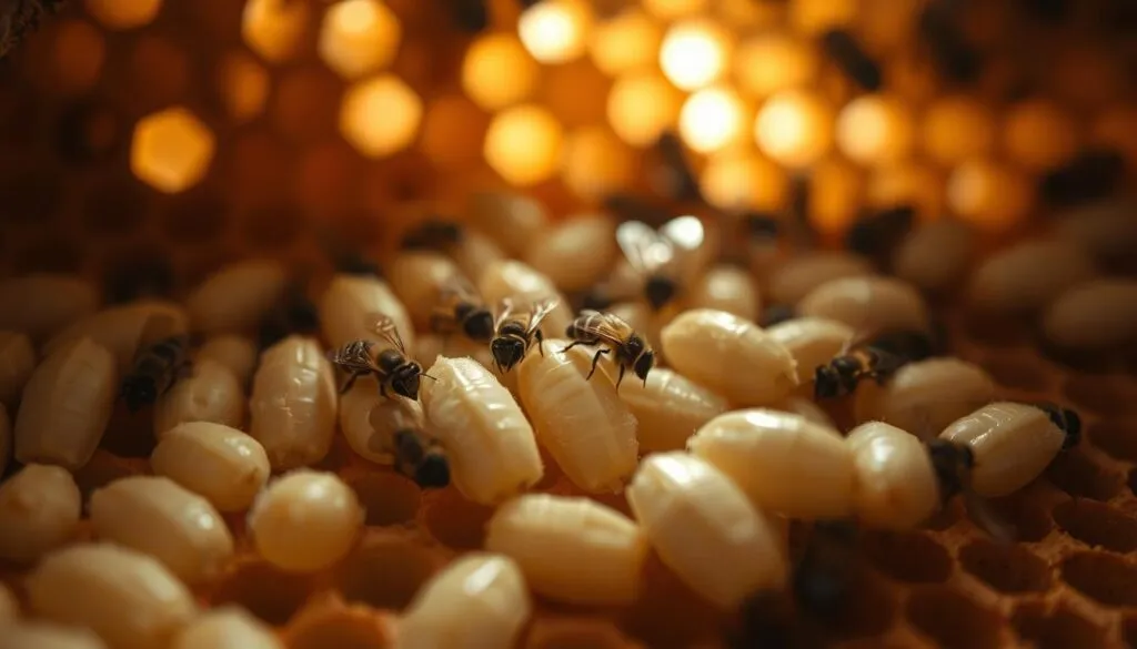 A close-up view of bee larvae nestled in their wax cells within a beehive, showcasing their creamy-white, elongated bodies, with soft textures reflecting the dim light inside the hive. In the foreground, several nurse bees can be seen gently tending to the larvae, their fuzzy bodies and delicate wings adding life to the scene. The middle layer focuses on the larvae's environment, complete with hexagonal wax cells and a subtle honeycomb structure. The background is softly blurred to emphasize the intimacy of this nurturing setting, illuminated by warm, natural light filtering through the hive. The mood is one of calm and care, capturing the vital role of nurse bees in the growth and feeding of the larvae.