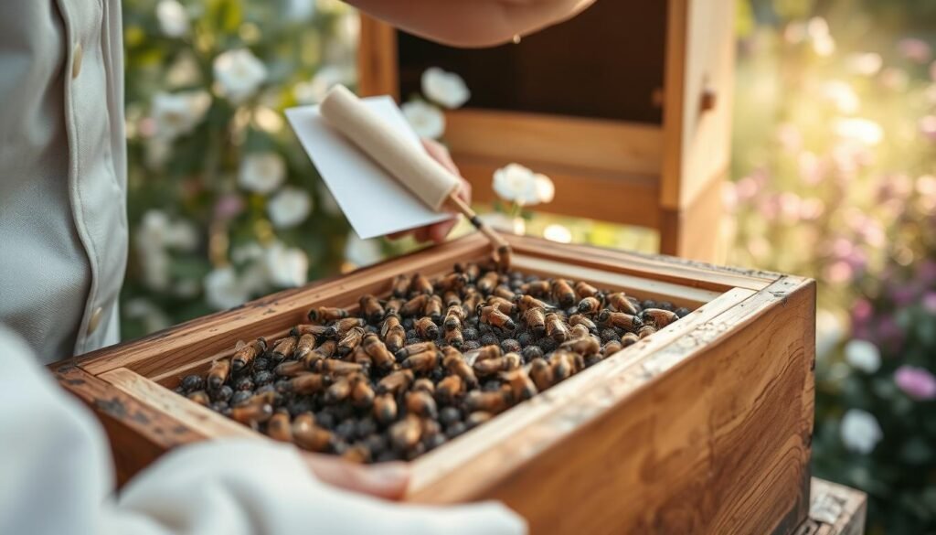 A close-up view of beekeeping equipment showing a formic acid treatment process for Varroa mites. In the foreground, a beekeeper in modest casual clothing carefully administers formic acid strips into a bee frame containing capped brood. The bees are visible, clustered around the caps, with subtle details reflecting their natural movement. In the middle ground, the wooden beehive showcases a rich, warm texture, revealing cracks and wear, suggesting extensive use. The background features a soft-focus garden with flowering plants, creating a tranquil, natural atmosphere. Gentle, diffused sunlight filters through the leaves, casting a warm glow that enhances the careful seriousness of the treatment. The overall mood is focused and educational, emphasizing the importance of humane pest control in beekeeping.