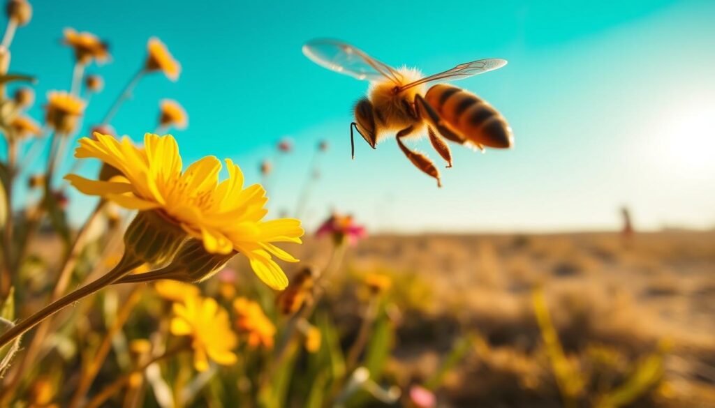 A close-up view of bees in flight, showcasing their vibrant colors against a bright blue sky. In the foreground, a honeybee hovers near a flowering plant, its wings glistening in the sunlight. The middle ground features a variety of wildflowers, their petals open wide, attracting the bees. In the background, a blurred landscape of a sunlit garden under a clear sky emphasizes a drought-affected setting, with some dry patches clearly visible. The lighting is warm and natural, capturing the golden hues of late afternoon. The atmosphere feels vibrant yet tense, reflecting the challenges bees face during droughts, with an emphasis on the delicate balance of ecosystems. The image should invite viewers to appreciate the intricate relationship between weather extremes and bee behavior.