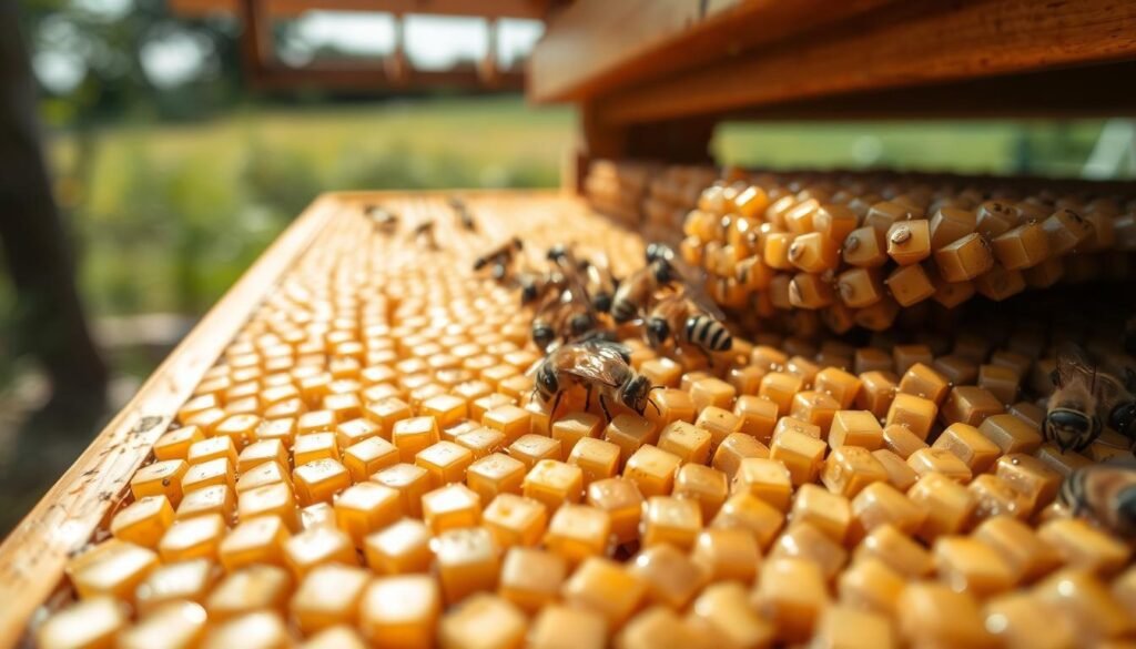 A close-up view of capped brood in a beehive frame, showcasing a cluster of honeybee larvae covered by a layer of wax. In the foreground, intricate details of the light brown, hexagonal cells are visible, with the shiny, golden caps glistening under soft, natural sunlight. The middle layer features several healthy, worker bees tending to the brood, conveying a sense of community and care. In the background, a blurred out hive structure with wooden frames and distant greenery suggests an outdoor environment. The overall mood is serene and nurturing, emphasizing the vitality of the beehive. The lighting is warm and inviting, creating a sense of harmony in nature.
