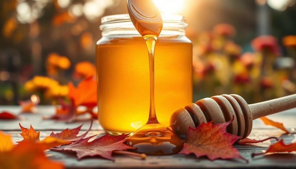 A close-up view of golden fall honey in a rustic glass jar, perched on a wooden table. The honey glistens in the soft, warm light of the late afternoon sun, creating a rich amber hue. In the foreground, drizzle of honey flows elegantly from a wooden dipper, catching the light beautifully. In the middle ground, vibrant autumn leaves in shades of orange, red, and yellow surround the jar, reflecting the seasonal theme. The background features a softly blurred garden scene, hinting at late-season flowers still in bloom. The overall mood is warm and inviting, evoking the essence of harvest time and the preparation for winter stores. The image captures the essence of nature's bounty and the careful management of nectar flow during the fall season.
