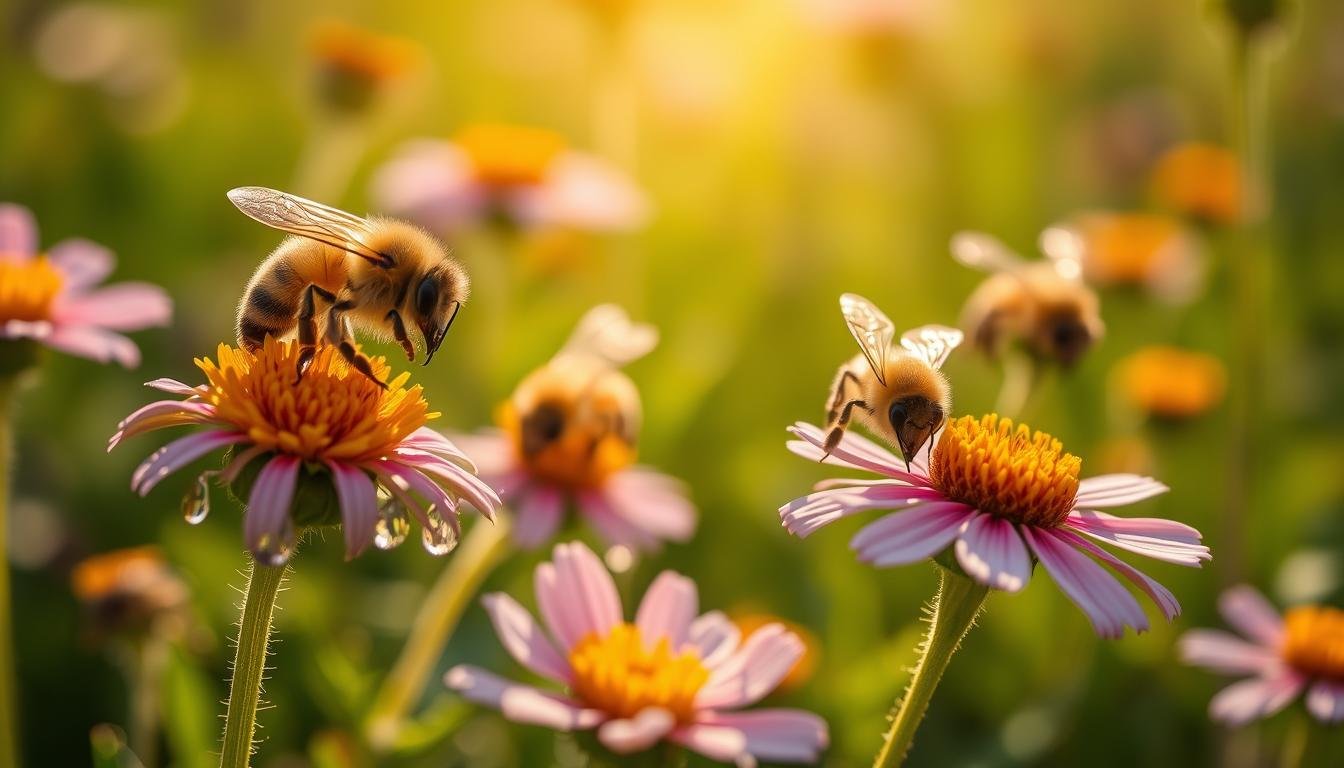 A close-up view of honey bees diligently collecting nectar from vibrant wildflowers in a sunlit meadow