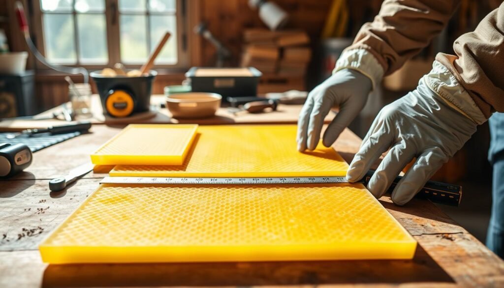 A close-up view of sizing foundation sheets for Langstroth bee frames, showcasing a hands-on approach in the foreground. The image features a pair of gloved hands carefully measuring wax sheets on a wooden workbench, with a tape measure, a ruler, and a sharp knife nearby. In the middle, bright yellow sheets of wax are neatly arranged, with slight transparency allowing the honeycomb pattern to show through. The background includes softly blurred beekeeping tools and a sunny workshop filled with natural light, casting gentle shadows. The atmosphere is calm and focused, reflecting the meticulous craftsmanship involved in the process, while warm and inviting colors enhance the homely feeling of DIY beekeeping. A close-up view of sizing foundation sheets for Langstroth bee frames, showcasing a hands-on approach in the foreground. The image features a pair of gloved hands carefully measuring wax sheets on a wooden workbench, with a tape measure, a ruler, and a sharp knife nearby. In the middle, bright yellow sheets of wax are neatly arranged, with slight transparency allowing the honeycomb pattern to show through. The background includes softly blurred beekeeping tools and a sunny workshop filled with natural light, casting gentle shadows. The atmosphere is calm and focused, reflecting the meticulous craftsmanship involved in the process, while warm and inviting colors enhance the homely feeling of DIY beekeeping.
