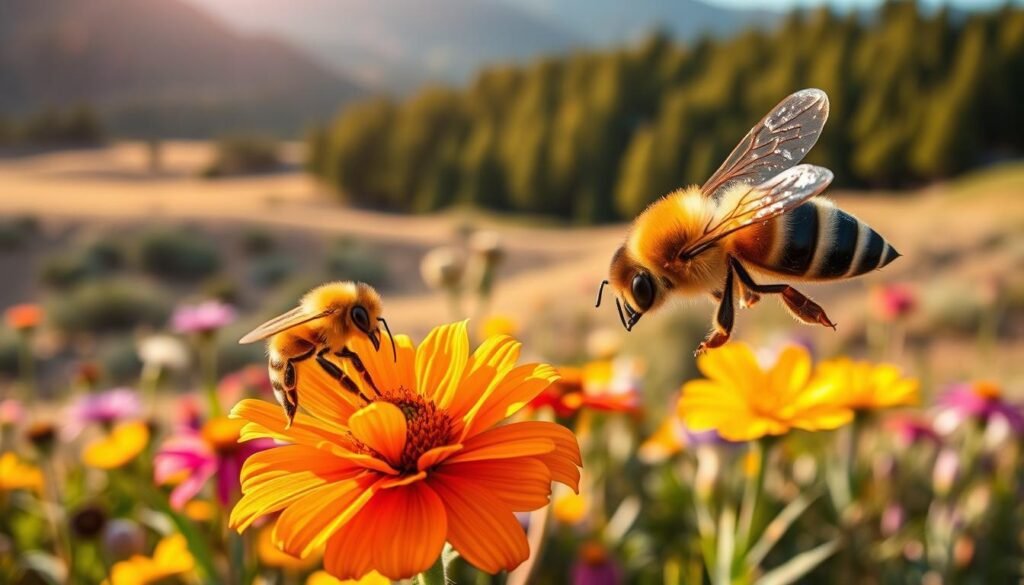 A close-up view of two flourishing bee species adapted for different U.S. climates, focused on their distinct characteristics. In the foreground, show a vibrant, golden honeybee perched on a bright flower, its wings glistening in the sunlight, while a hardy native bee with dark stripes and robust body hovers nearby. The middle ground features a variety of colorful, climate-resilient plants native to various U.S. regions, such as wildflowers and shrubs, thriving in diverse environments. In the background, depict a soft-focus landscape transitioning from arid desert to lush forest, illustrating climate diversity. The lighting is warm and inviting, with soft golden hour tones, creating a mood of resilience and harmony in nature. Use a shallow depth of field to emphasize the bees and flowers, adding a sense of intimacy to the scene.