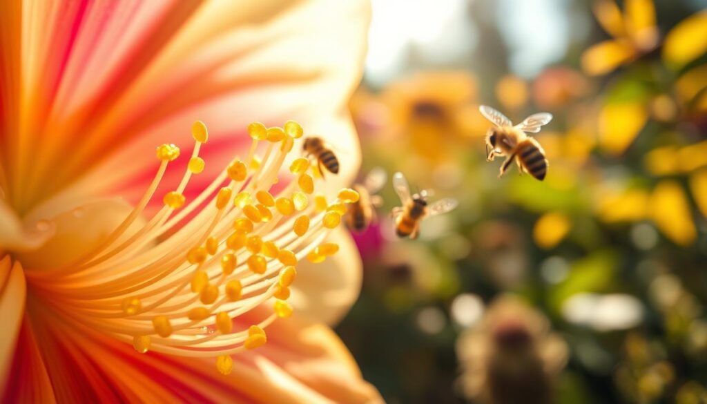 A close-up view of vibrant pollen grains clinging to a delicate flower's stamen, showcasing their diverse shapes and colors, primarily yellows and light greens, glistening under natural sunlight. In the foreground, capture the intricate textures of the flower’s petals, with dewdrops catching the light, suggesting early morning freshness. The middle ground features blurred bees hovering near the pollen, emphasizing their significance in pollination and the delicate balance of the ecosystem. The background fades into a soft-focus garden scene, hinting at climate change's impact with yellowed leaves and stressed flora. The lighting is warm and inviting, creating a hopeful yet urgent mood. Utilize a shallow depth of field to accentuate the pollen and its importance, positioning the camera at a slight angle to add dynamism.