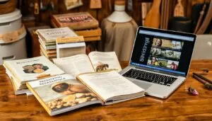 A collection of beekeeping books, journals, and a laptop showing online beekeeping resources
