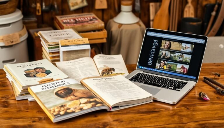 A collection of beekeeping books, journals, and a laptop showing online beekeeping resources