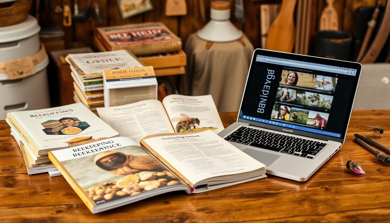 A collection of beekeeping books, journals, and a laptop showing online beekeeping resources