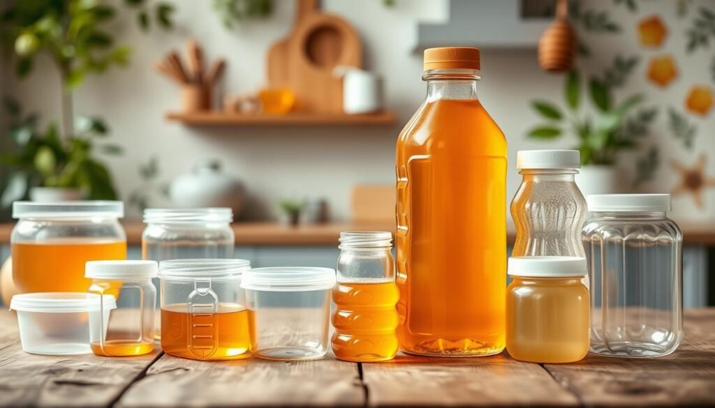 A collection of various sizes and shapes of food-grade plastic containers and bear bottles, designed for honey storage, displayed prominently in the foreground. These containers should be made of lightweight, transparent plastic, showcasing rich, golden honey inside them. The middle features a rustic wooden table, hinting at a natural, organic vibe, with soft glimmers of honey reflecting in the light. In the background, a softly blurred kitchen setting adorned with greenery and honeycomb patterns suggests a homey atmosphere. Soft, warm lighting casts gentle shadows, enhancing the inviting feel of the scene. The angle is slightly above eye-level, providing a clear view of the bottles while focusing on their durability and practical design.