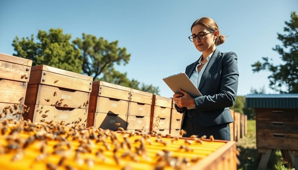 A confident woman in professional business attire stands in a sunlit apiary, examining a bee hive with a clipboard in hand. In the foreground, vibrant honeycombs and busy bees create a dynamic and engaging scene. The middle ground features several organized hives, each labeled with numbers reflecting their expansion capacity, symbolizing expert hive management. In the background, a clear blue sky contrasts with lush green trees, suggesting an idyllic rural setting. Soft, warm lighting enhances the sense of productivity and harmony within nature. The angle captures the woman's focused expression, illustrating her experience and management skills, set against the bustling life of the apiary. The mood is inspirational and empowering, showcasing the intersection of nature and business acumen.