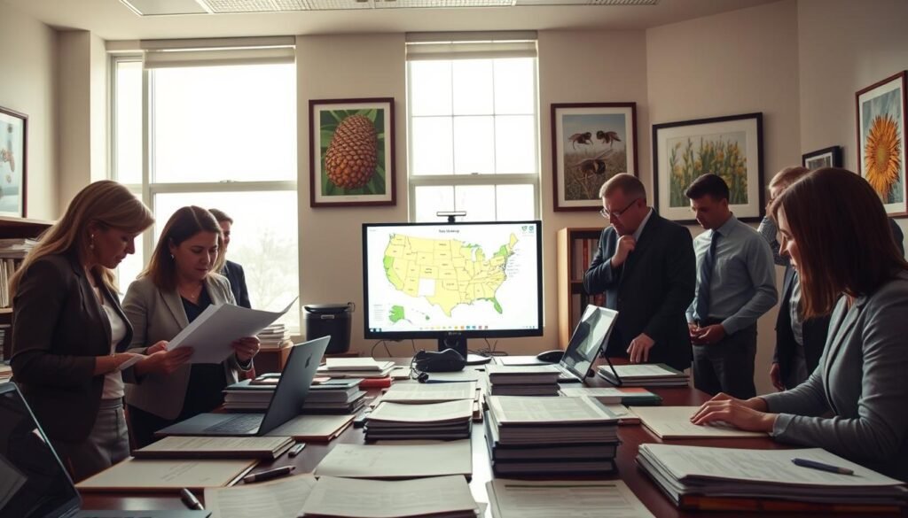 A detailed and organized office scene representing the U.S. Department of Agriculture's influence on state beekeeping regulations. In the foreground, a diverse group of professional individuals, including a woman reviewing documents, a man discussing with a colleague, and another person examining a laptop, all dressed in business attire. The middle ground features a large table covered with agricultural reports, beekeeping guides, and a computer displaying a map of the U.S. states. The background showcases a large window allowing natural sunlight to filter in, illuminating framed posters of bees and crops, creating a productive atmosphere. The overall mood is serious yet collaborative, reflecting a deep commitment to agricultural policies. The scene is shot with a soft lens effect for a warm, inviting feel.