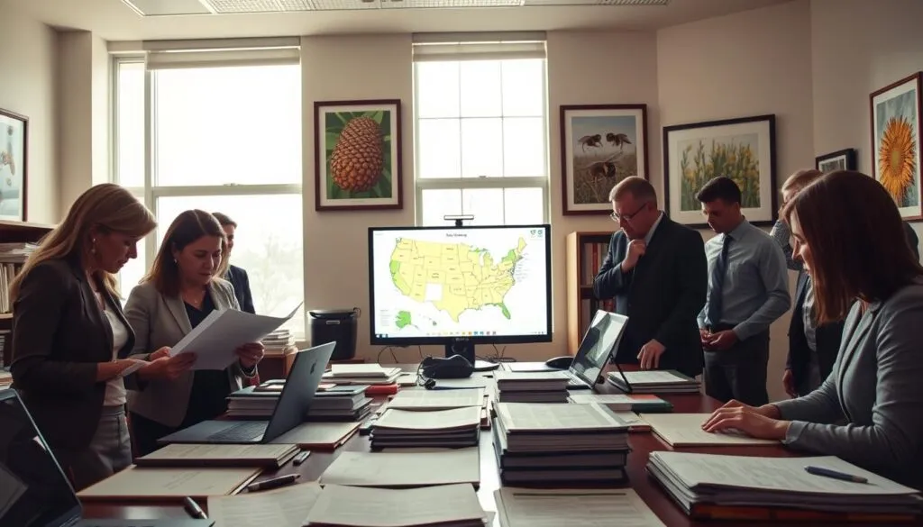 A detailed and organized office scene representing the U.S