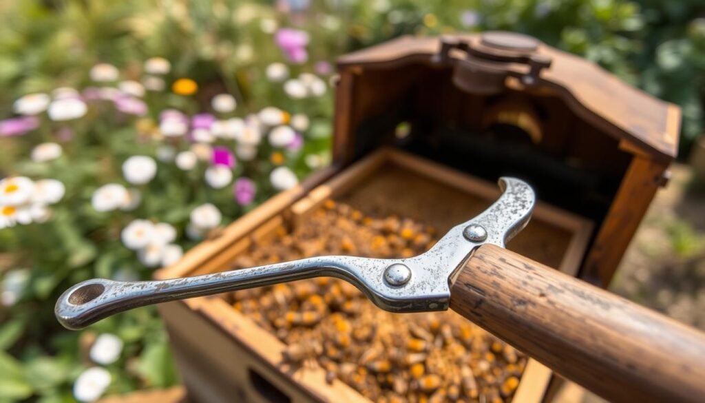 A detailed, close-up image of a beekeeper's hive tool, prominently featured in the foreground. The tool, a combination of a scraper and a smoker, should be made of shiny metal with a wooden handle, showcasing its functionality and wear. The middle ground reveals a slightly opened hive with honeycomb frames, emphasizing the tool's role in beekeeping. In the background, a blurred garden filled with flowers and greenery provides an authentic beekeeping environment. Soft, natural lighting illuminates the scene, creating a warm, inviting atmosphere. The angle should be slightly from above to capture both the tool and the hive, conveying a sense of preparation and focus on beekeeping safety. The overall mood is professional and educational, ideal for a guide on hive maintenance. A detailed, close-up image of a beekeeper's hive tool, prominently featured in the foreground. The tool, a combination of a scraper and a smoker, should be made of shiny metal with a wooden handle, showcasing its functionality and wear. The middle ground reveals a slightly opened hive with honeycomb frames, emphasizing the tool's role in beekeeping. In the background, a blurred garden filled with flowers and greenery provides an authentic beekeeping environment. Soft, natural lighting illuminates the scene, creating a warm, inviting atmosphere. The angle should be slightly from above to capture both the tool and the hive, conveying a sense of preparation and focus on beekeeping safety. The overall mood is professional and educational, ideal for a guide on hive maintenance.
