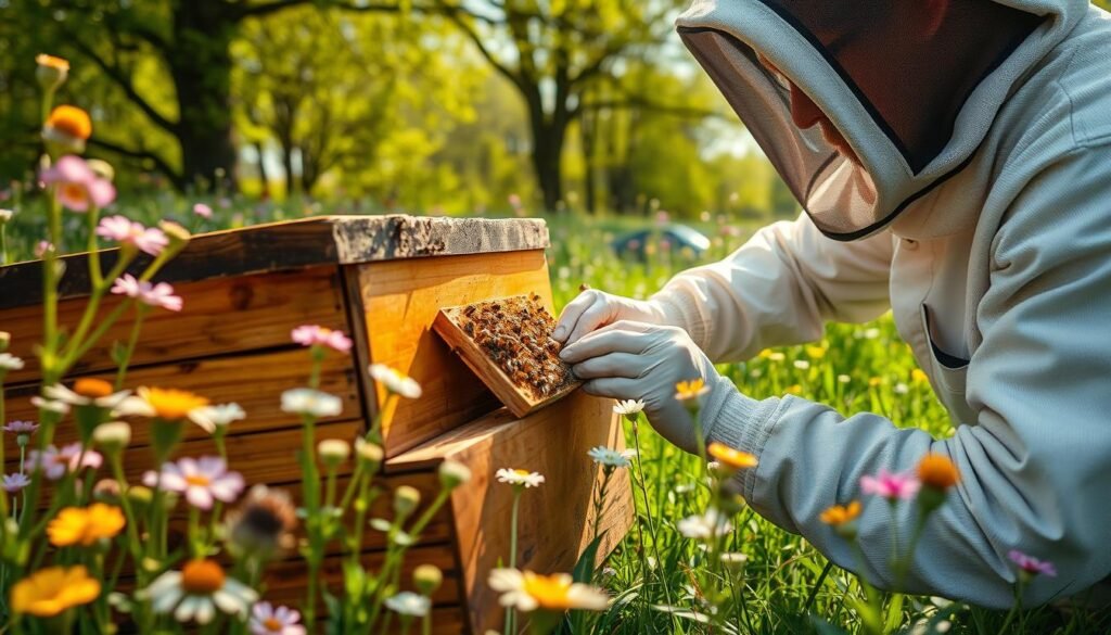 A detailed close-up of a beekeeper inspecting a hive for Varroa mites, set in a vibrant spring meadow. The beekeeper, wearing a protective suit and veil, focuses intently on a frame of bees, carefully monitoring for signs of infestation. Surrounding the hive are various flowers and plants in bloom, illustrating the seasonal landscape. In the background, soft sunlight filters through trees, casting dappled shadows on the ground, creating a serene and focused atmosphere. The scene captures the importance of Integrated Pest Management (IPM) in apiculture, showcasing both the diligence of the beekeeper and the natural environment. The composition should be shot at a slight upward angle to emphasize the connection between the beekeeper, the hive, and the surrounding ecosystem.