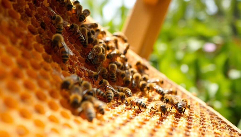 A detailed close-up of a hive frame showcasing a well-defined brood pattern, with cells filled with various stages of developing bee brood, from eggs to pupae. In the foreground, vibrant worker bees are seen tending to the brood, their fuzzy bodies covered in pollen. The middle ground features a bright, sunlit hive to highlight the activity, with soft, natural light creating gentle shadows that emphasize the texture of the wax cells. In the background, slightly blurred, there are hints of the vibrant green landscape outside the hive, reinforcing a sense of vitality and life. The scene should convey a serene and industrious atmosphere, focusing on the intricate details of the brood structure and the busy bees, captured from a slight angle to enhance depth.