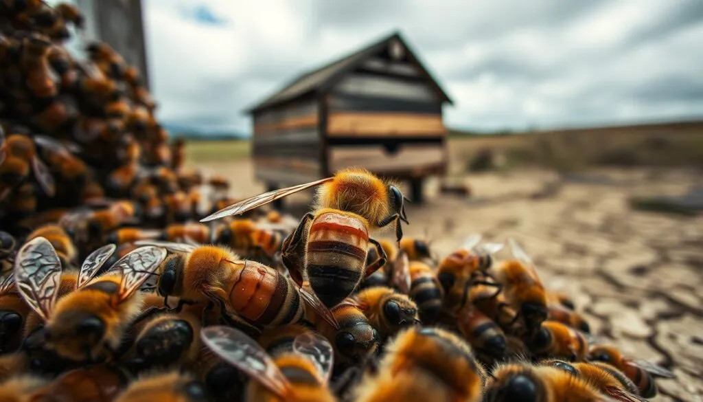 Close-up of a honeybee colony showing bees interacting with Varroa mites on their bodies